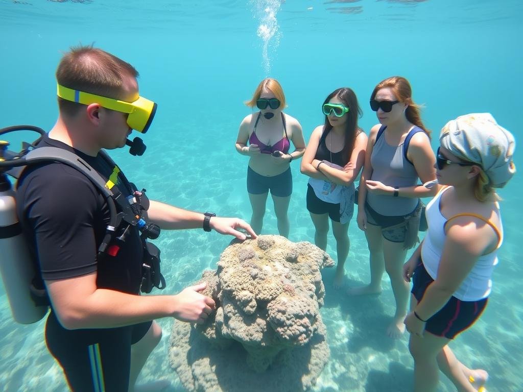 Marine biologist explaining coral restoration project to tourists at Ras Mohamed National Park, Egypt ecotourism education Marine biologist explaining coral restoration project to tourists at Ras Mohamed National Park, Egypt ecotourism education