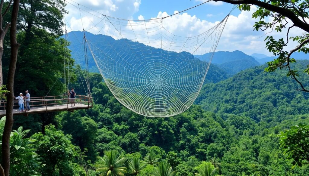 Masungi Georeserve's famous spider web viewing platform surrounded by forest conservation area