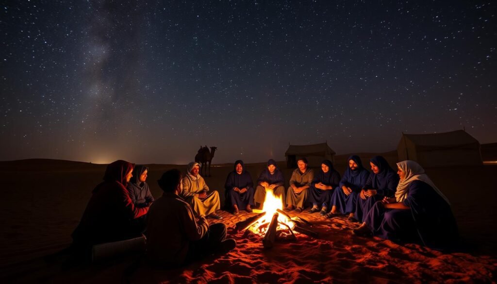 Nighttime gathering around a campfire at a sustainable Sahara Desert camp during eco-tourism in Morocco Nighttime gathering around a campfire at a sustainable Sahara Desert camp during eco-tourism in Morocco