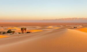 Panoramic view of Egyptian desert landscape with mountains and oasis, showcasing Egypt ecotourism natural beauty