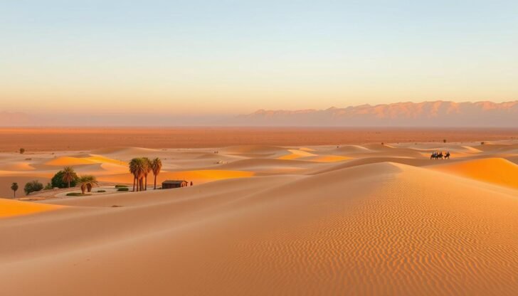 Panoramic view of Egyptian desert landscape with mountains and oasis, showcasing Egypt ecotourism natural beauty