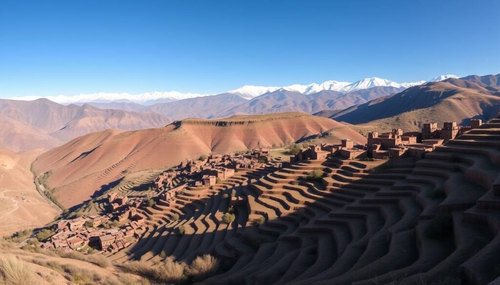 Panoramic view of terraced valleys and traditional Berber villages in the Atlas Mountains during an eco-tourism hike in Morocco Panoramic view of terraced valleys and traditional Berber villages in the Atlas Mountains during an eco-tourism hike in Morocco