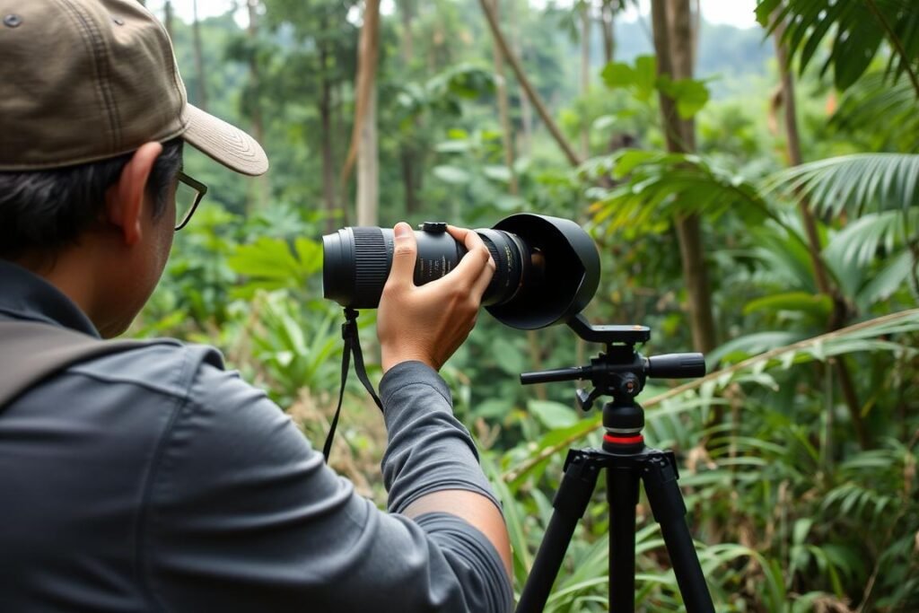 Photographer using a telephoto lens to capture wildlife from a distance in a Philippine forest, demonstrating sustainable travel Philippines practices Photographer using a telephoto lens to capture wildlife from a distance in a Philippine forest, demonstrating sustainable travel Philippines practices