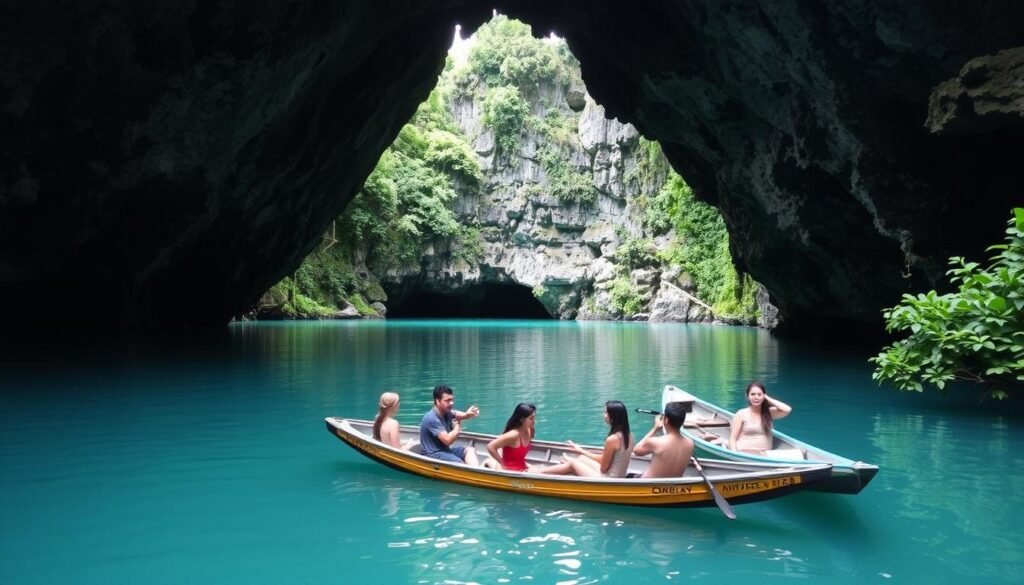Puerto Princesa Underground River entrance with eco-guides explaining conservation efforts during an Eco-Conscious Philippine Adventure Puerto Princesa Underground River entrance with eco-guides explaining conservation efforts during an Eco-Conscious Philippine Adventure