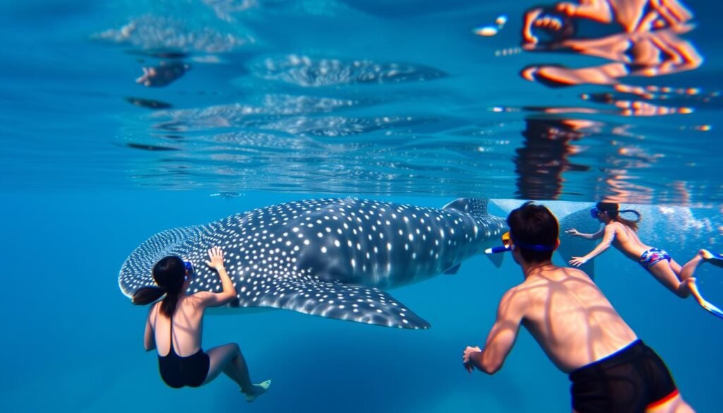 Responsible whale shark watching in Donsol, Philippines, with tourists maintaining proper distance from the gentle giants