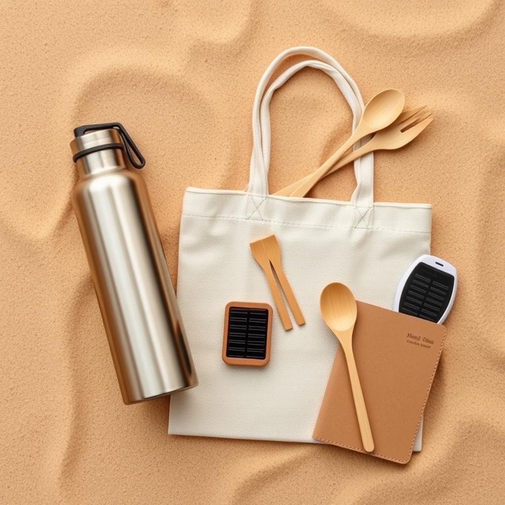 Reusable water bottle and eco-friendly travel items against Egyptian landscape backdrop, representing sustainable travel in Egypt Reusable water bottle and eco-friendly travel items against Egyptian landscape backdrop, representing sustainable travel in Egypt