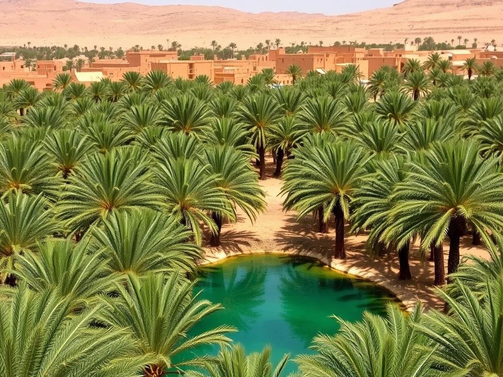 Siwa Oasis with palm trees and traditional mud-brick buildings, a prime Egypt ecotourism destination Siwa Oasis with palm trees and traditional mud-brick buildings, a prime Egypt ecotourism destination