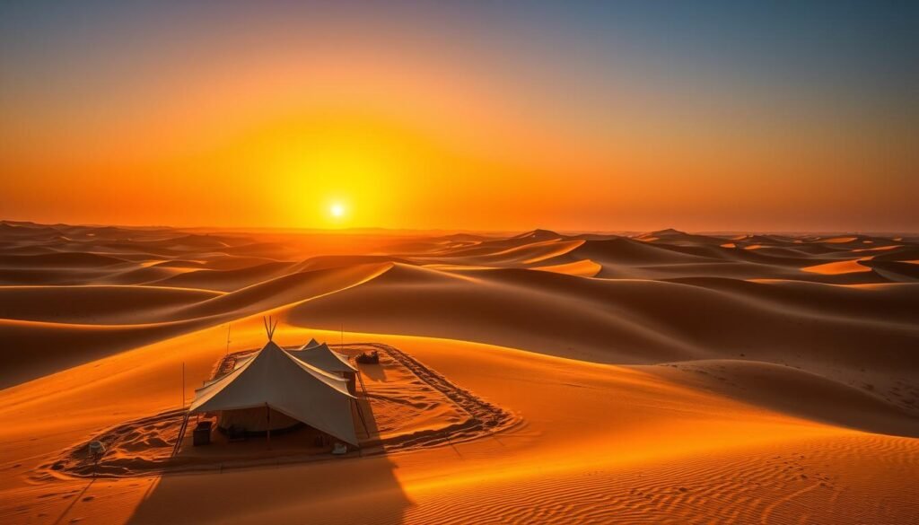 Sunrise over the Sahara Desert dunes with sustainable desert camp visible during eco-tourism adventure in Morocco Sunrise over the Sahara Desert dunes with sustainable desert camp visible during eco-tourism adventure in Morocco