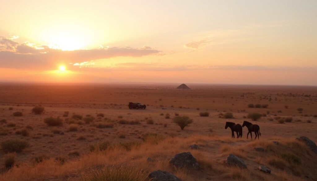 Sunset over Egyptian landscape with sustainable tourism elements visible, symbolizing the future of Egypt ecotourism Sunset over Egyptian landscape with sustainable tourism elements visible, symbolizing the future of Egypt ecotourism