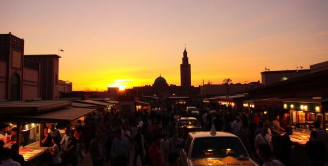 Sunset over Jemaa el-Fnaa square in Marrakech with food stalls and bustling crowds during eco-tourism in Morocco