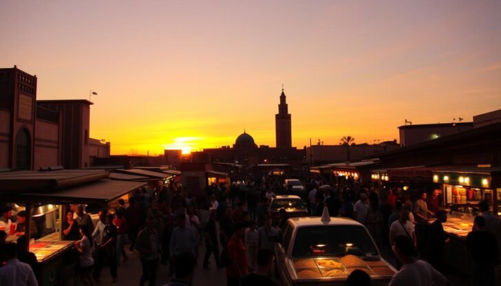 Sunset over Jemaa el-Fnaa square in Marrakech with food stalls and bustling crowds during eco-tourism in Morocco