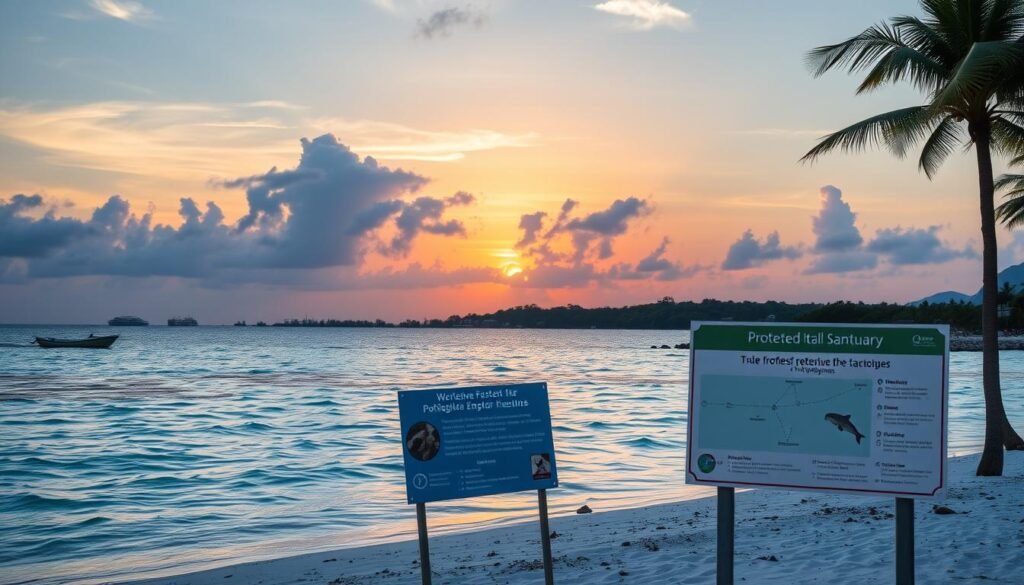 Sunset over a protected marine sanctuary in the Philippines with conservation signage visible, representing the future of sustainable travel Philippines Sunset over a protected marine sanctuary in the Philippines with conservation signage visible, representing the future of sustainable travel Philippines