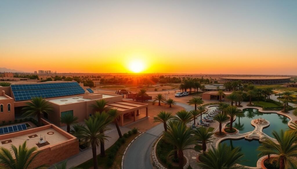 Sunset over an Egyptian oasis with sustainable tourism infrastructure, epitomizing ecotourism in Egypt Sunset over an Egyptian oasis with sustainable tourism infrastructure, epitomizing ecotourism in Egypt