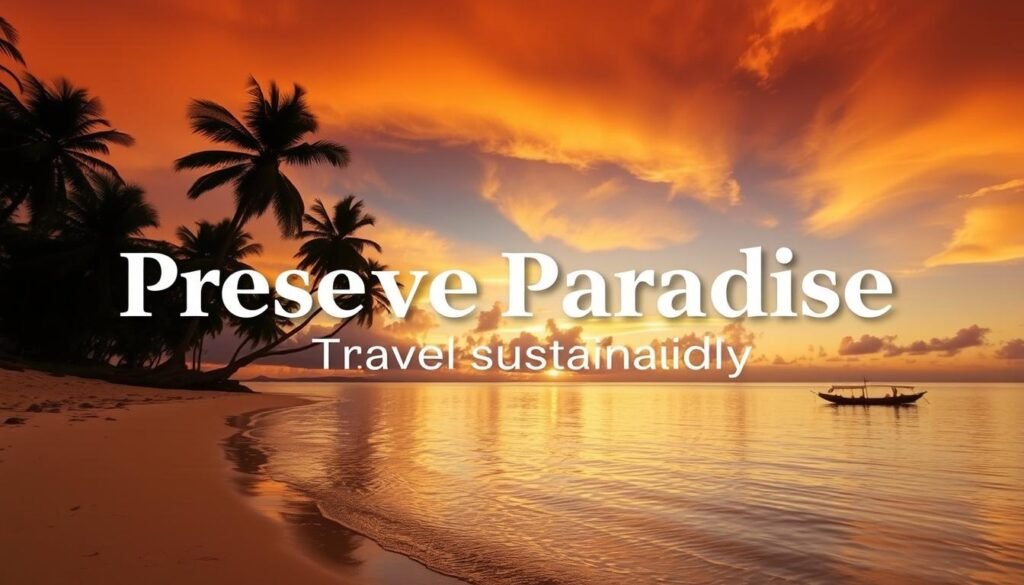 Sunset over pristine Philippine beach with sustainable tourism message - Sustainable Travel Philippines Checklist