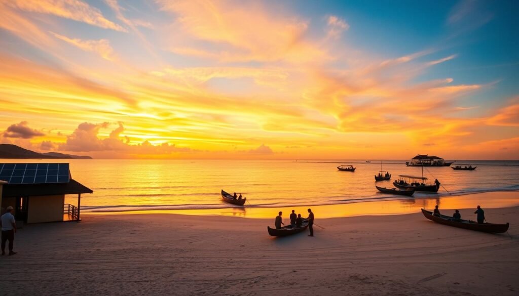 Sunset over pristine Philippine beach with sustainable tourism practices visible Sunset over pristine Philippine beach with sustainable tourism practices visible