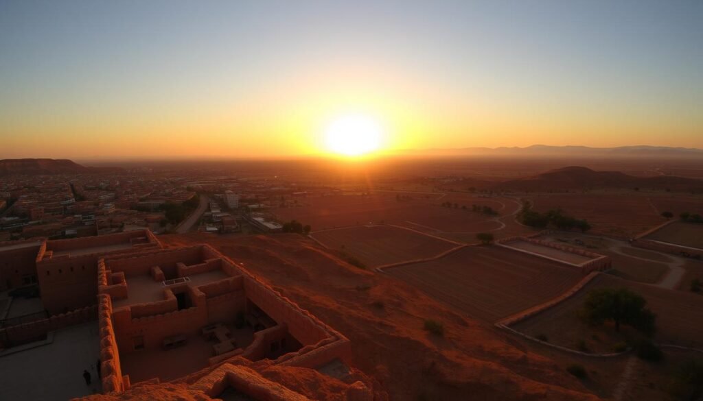 Sunset view over Morocco's diverse landscape symbolizing the transformative journey of eco-tourism in Morocco Sunset view over Morocco's diverse landscape symbolizing the transformative journey of eco-tourism in Morocco
