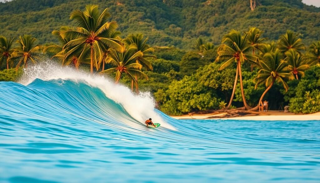 Surfer on a wave at Cloud 9 in Siargao with palm trees lining the shore, demonstrating the island's natural beauty
