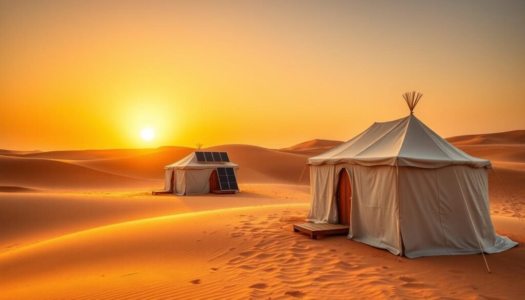 Sustainable desert camp in the Sahara with solar panels and traditional tents - ecotourism in Morocco Sustainable desert camp in the Sahara with solar panels and traditional tents - ecotourism in Morocco
