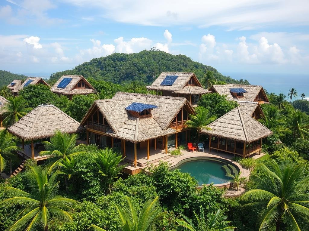 Sustainable eco-resort in Palawan with bamboo structures and solar panels Sustainable eco-resort in Palawan with bamboo structures and solar panels