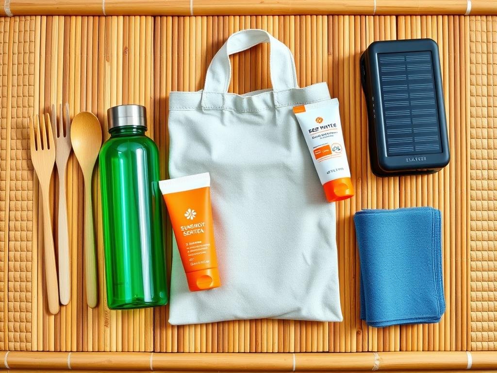 Sustainable travel packing essentials for the Philippines including reusable water bottle, bamboo utensils, reef-safe sunscreen, and cloth bags