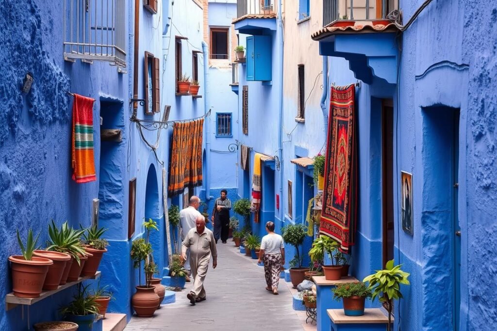 The blue-washed streets of Chefchaouen with eco-friendly accommodations visible among traditional architecture The blue-washed streets of Chefchaouen with eco-friendly accommodations visible among traditional architecture