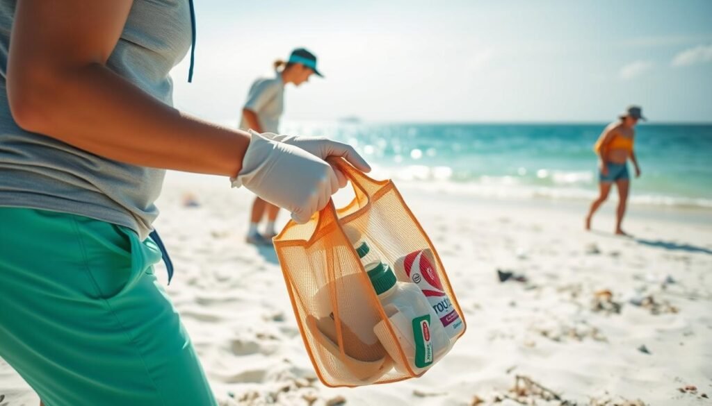 Tourist collecting trash during a beach cleanup in the Philippines - Sustainable Travel Philippines Checklist