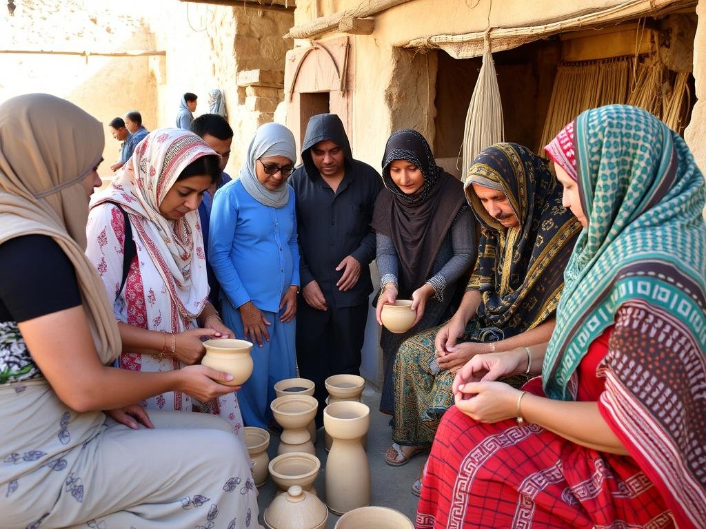 Tourists learning traditional crafts from local artisans in an Egyptian village, supporting cultural ecotourism Tourists learning traditional crafts from local artisans in an Egyptian village, supporting cultural ecotourism