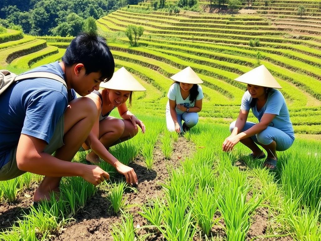 Tourists learning traditional farming techniques at a Philippine organic farm - Sustainable Travel Philippines Checklist