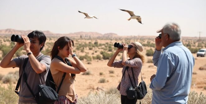 Tourists observing wildlife in a protected area in Egypt, demonstrating principles of ecotourism