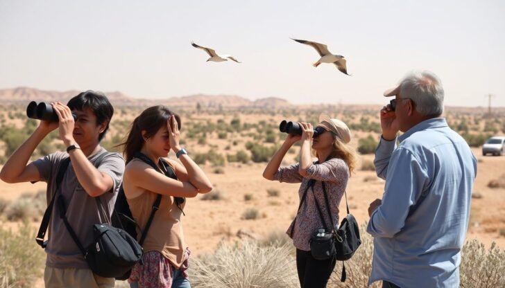 Tourists observing wildlife in a protected area in Egypt, demonstrating principles of ecotourism