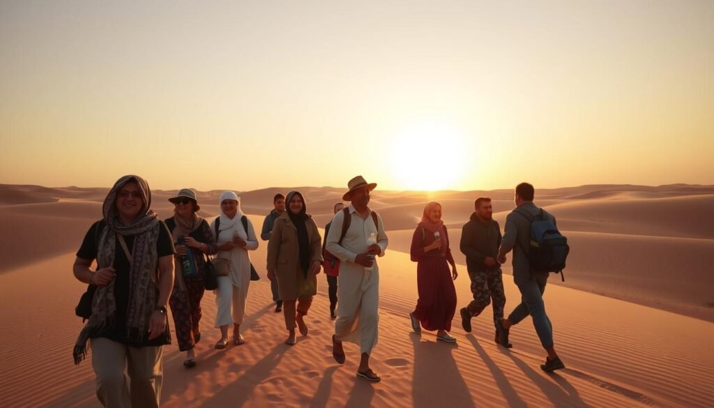 Tourists participating in a desert trekking expedition with local Bedouin guides, exemplifying ecotourism in Egypt Tourists participating in a desert trekking expedition with local Bedouin guides, exemplifying ecotourism in Egypt