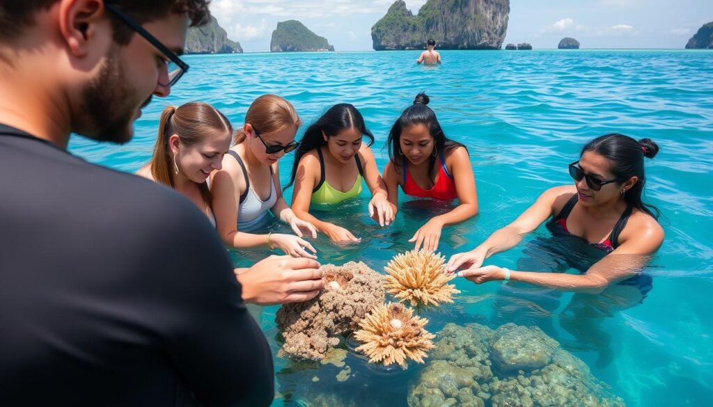 Tourists participating in coral reef restoration project in El Nido as part of sustainable Philippines travel Tourists participating in coral reef restoration project in El Nido as part of sustainable Philippines travel