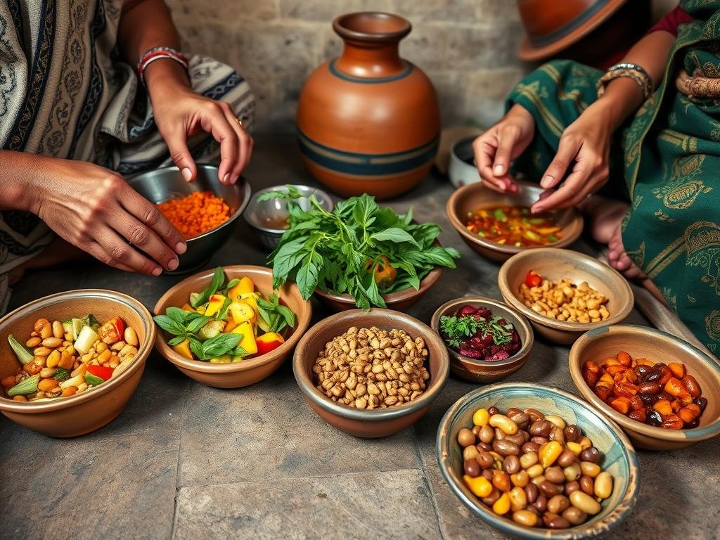 Traditional Nubian meal being prepared with local ingredients, showcasing cultural aspects of Egypt ecotourism Traditional Nubian meal being prepared with local ingredients, showcasing cultural aspects of Egypt ecotourism