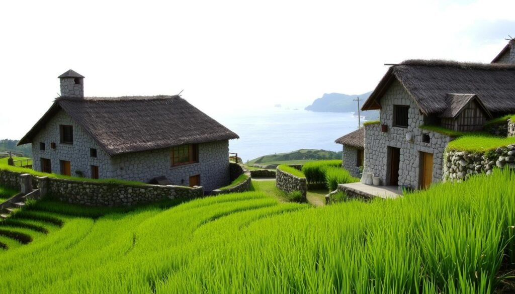Traditional rice terraces in Batanes with stone houses in the background, representing preserved cultural heritage