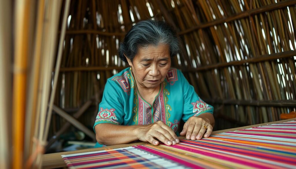 Traditional weaving demonstration by indigenous artisan during an Eco-Conscious Philippine Adventure Traditional weaving demonstration by indigenous artisan during an Eco-Conscious Philippine Adventure