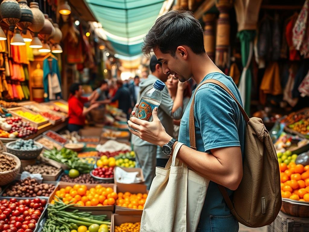 Traveler using a reusable water bottle and shopping at a local market during eco-tourism activities in Morocco Traveler using a reusable water bottle and shopping at a local market during eco-tourism activities in Morocco