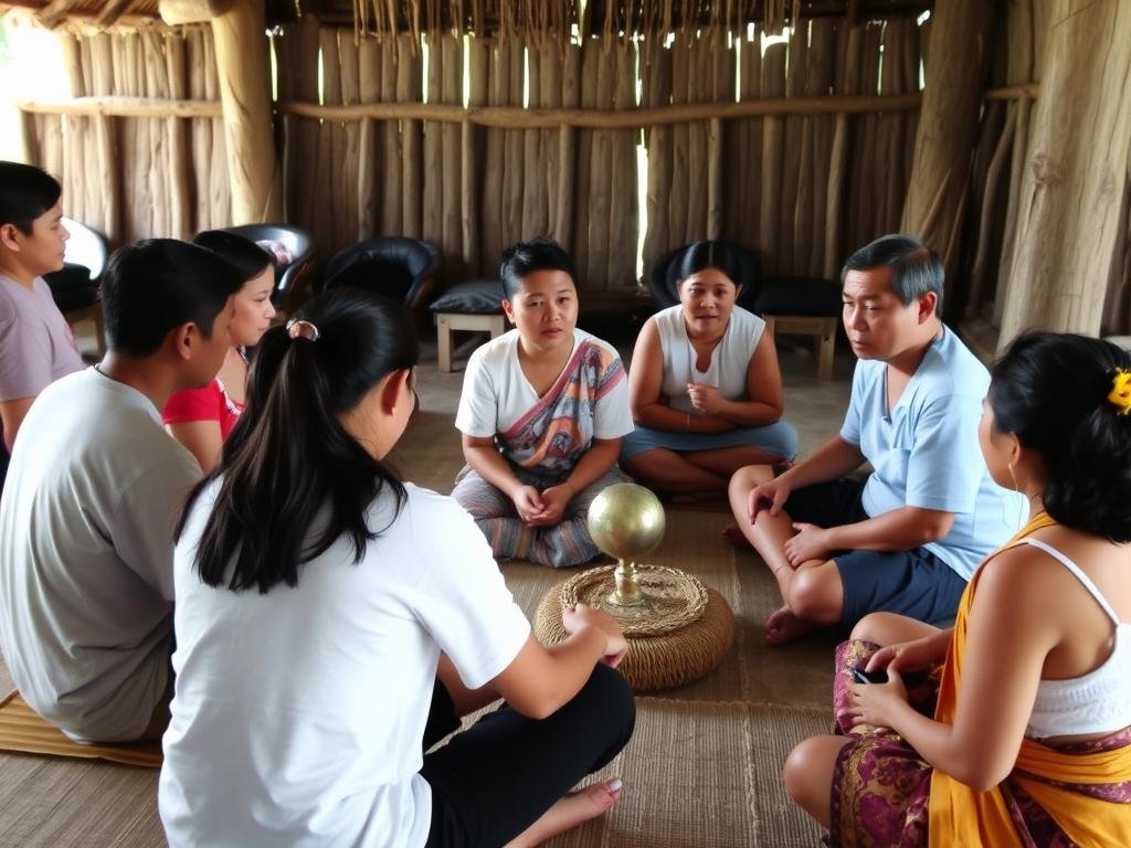Travelers respectfully participating in a local Filipino cultural ceremony Travelers respectfully participating in a local Filipino cultural ceremony