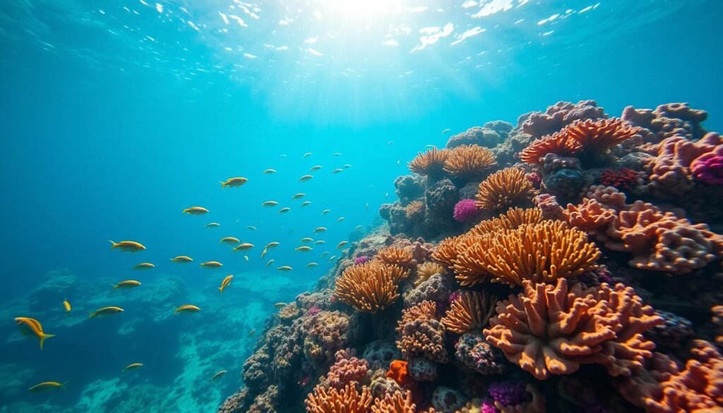 Vibrant coral reef at Ras Mohamed National Park with colorful fish, highlighting marine conservation efforts in Egypt ecotourism Vibrant coral reef at Ras Mohamed National Park with colorful fish, highlighting marine conservation efforts in Egypt ecotourism
