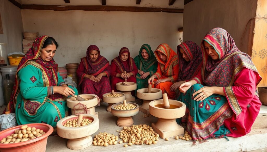 Women's argan oil cooperative in Morocco showcasing sustainable production methods during eco-tourism visit Women's argan oil cooperative in Morocco showcasing sustainable production methods during eco-tourism visit