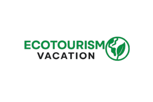 Ecotourism Vacation logo with green earth leaf symbol and modern typography

