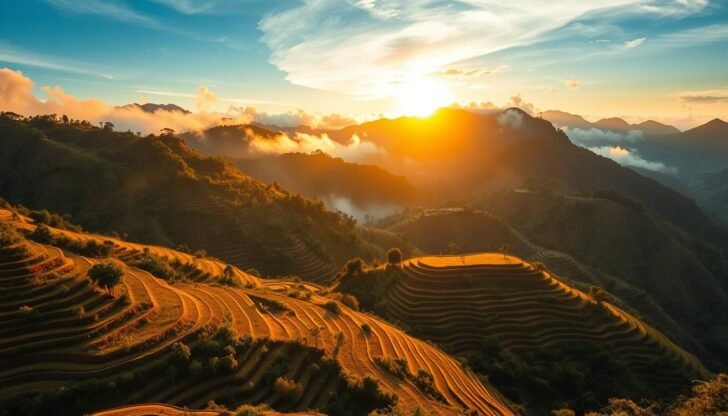 sunrise over Ifugao rice terraces with morning mist