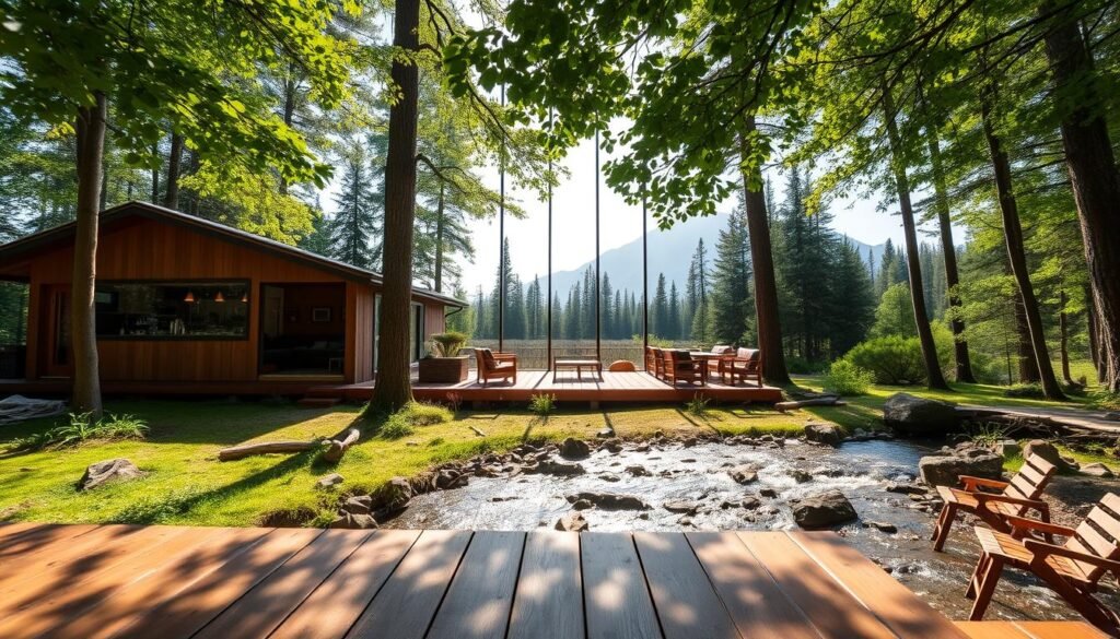 A cozy eco-lodge nestled in a lush, verdant forest, with a modern, minimalist design that seamlessly blends with its natural surroundings. In the foreground, a wooden deck overlooks a sparkling stream, inviting guests to relax and unwind. The middle ground features a spacious, airy interior with large windows that flood the space with natural light, highlighting sustainable furnishings crafted from local, reclaimed materials. In the background, a tranquil wooded landscape with towering evergreens and a serene mountain backdrop, conveying a sense of seclusion and harmony with nature. The overall atmosphere is one of tranquility, comfort, and eco-consciousness, creating an ideal getaway for those seeking a sustainable and rejuvenating experience. A cozy eco-lodge nestled in a lush, verdant forest, with a modern, minimalist design that seamlessly blends with its natural surroundings. In the foreground, a wooden deck overlooks a sparkling stream, inviting guests to relax and unwind. The middle ground features a spacious, airy interior with large windows that flood the space with natural light, highlighting sustainable furnishings crafted from local, reclaimed materials. In the background, a tranquil wooded landscape with towering evergreens and a serene mountain backdrop, conveying a sense of seclusion and harmony with nature. The overall atmosphere is one of tranquility, comfort, and eco-consciousness, creating an ideal getaway for those seeking a sustainable and rejuvenating experience.