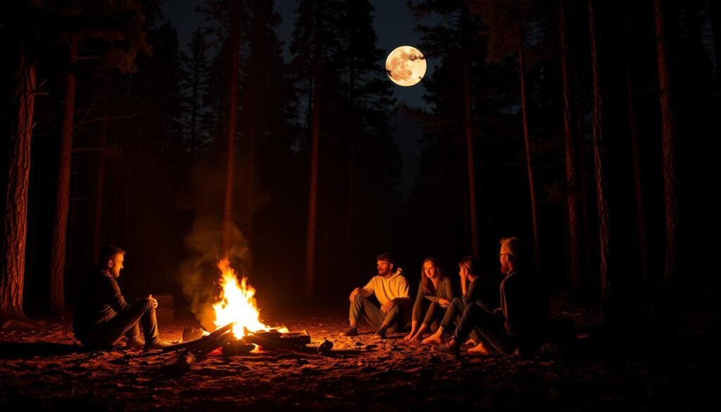 A crackling campfire casts a warm glow on a secluded forest clearing, surrounded by towering pines. In the foreground, a group of friends sit in a circle, faces illuminated by the flickering flames as they share eerie tales passed down through generations. Shadows dance across the ground, hinting at unseen presences in the darkness beyond the firelight. The atmosphere is thick with anticipation, the air charged with a sense of foreboding. Distant hoots and howls add to the ominous soundtrack, heightening the tension. A full moon peers through the canopy, its pale light casting an ethereal, otherworldly quality over the scene. This is the setting for classic scary stories that will send shivers down the spines of all who hear them. A crackling campfire casts a warm glow on a secluded forest clearing, surrounded by towering pines. In the foreground, a group of friends sit in a circle, faces illuminated by the flickering flames as they share eerie tales passed down through generations. Shadows dance across the ground, hinting at unseen presences in the darkness beyond the firelight. The atmosphere is thick with anticipation, the air charged with a sense of foreboding. Distant hoots and howls add to the ominous soundtrack, heightening the tension. A full moon peers through the canopy, its pale light casting an ethereal, otherworldly quality over the scene. This is the setting for classic scary stories that will send shivers down the spines of all who hear them.