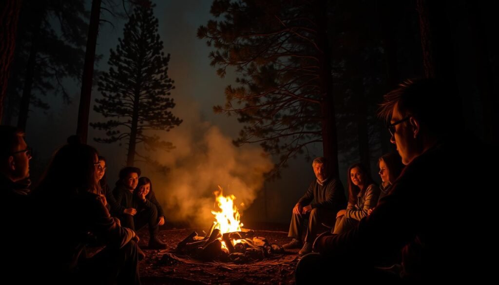 A dimly lit campfire casts flickering shadows upon a group of rapt onlookers, their faces aglow with a mix of anticipation and dread. In the foreground, a lone storyteller, their eyes gleaming with a mischievous twinkle, regales the captivated audience with a tale of urban legend – a spine-chilling account of a haunted highway, a ghostly hitchhiker, or a menacing figure lurking in the woods. The middle ground is shrouded in a hazy, atmospheric mist, adding to the sense of mystery and unease. In the background, towering pine trees sway ominously, their branches reaching skyward like grasping fingers. The overall mood is one of suspense and foreboding, perfectly capturing the essence of campfire stories that chill the bone. A dimly lit campfire casts flickering shadows upon a group of rapt onlookers, their faces aglow with a mix of anticipation and dread. In the foreground, a lone storyteller, their eyes gleaming with a mischievous twinkle, regales the captivated audience with a tale of urban legend – a spine-chilling account of a haunted highway, a ghostly hitchhiker, or a menacing figure lurking in the woods. The middle ground is shrouded in a hazy, atmospheric mist, adding to the sense of mystery and unease. In the background, towering pine trees sway ominously, their branches reaching skyward like grasping fingers. The overall mood is one of suspense and foreboding, perfectly capturing the essence of campfire stories that chill the bone.