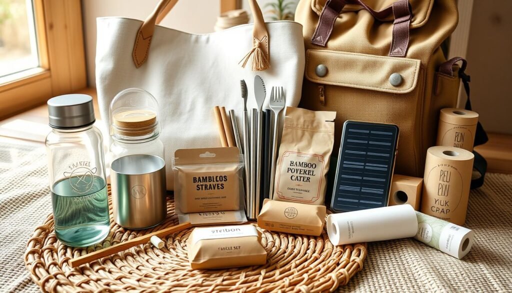 A neatly arranged collection of eco-friendly packing essentials for an off-the-grid adventure. In the foreground, a reusable water bottle, bamboo toothbrush, and biodegradable soap bars rest on a woven rattan mat. In the middle ground, a reusable tote bag, a set of stainless steel straws, and a compact solar power bank are displayed. The background features a vintage-inspired canvas backpack, a bamboo utensil set, and a roll of recycled toilet paper. Soft natural lighting filters through the scene, creating a warm, earthy ambiance. The overall composition conveys a sense of sustainable, minimalist travel. A neatly arranged collection of eco-friendly packing essentials for an off-the-grid adventure. In the foreground, a reusable water bottle, bamboo toothbrush, and biodegradable soap bars rest on a woven rattan mat. In the middle ground, a reusable tote bag, a set of stainless steel straws, and a compact solar power bank are displayed. The background features a vintage-inspired canvas backpack, a bamboo utensil set, and a roll of recycled toilet paper. Soft natural lighting filters through the scene, creating a warm, earthy ambiance. The overall composition conveys a sense of sustainable, minimalist travel.