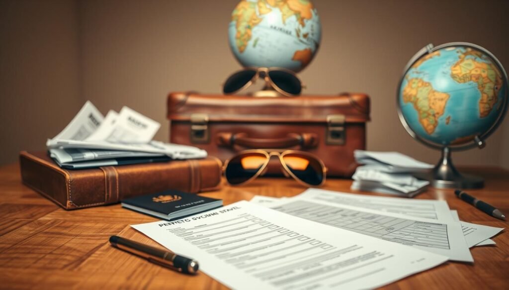 A neatly organized travel checklist laid out on a wooden table, illuminated by warm, soft lighting. In the foreground, a pen, a passport, and various travel documents like tickets and itineraries are arranged in a visually appealing manner. The middle ground features a well-worn leather suitcase, a globe, and a pair of aviator sunglasses, conveying a sense of adventure and preparation. The background showcases a minimalist, earthy color palette, creating a calming and focused atmosphere for finalizing pre-departure plans. A neatly organized travel checklist laid out on a wooden table, illuminated by warm, soft lighting. In the foreground, a pen, a passport, and various travel documents like tickets and itineraries are arranged in a visually appealing manner. The middle ground features a well-worn leather suitcase, a globe, and a pair of aviator sunglasses, conveying a sense of adventure and preparation. The background showcases a minimalist, earthy color palette, creating a calming and focused atmosphere for finalizing pre-departure plans.