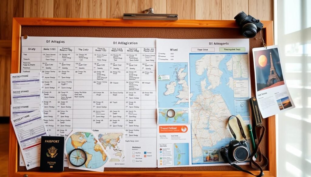 A neatly organized travel itinerary planning board with a detailed daily schedule, travel maps, airline tickets, and various travel-related items like a passport, compass, and camera. The board is well-lit, with a warm, inviting atmosphere, captured from a slightly elevated angle to showcase the comprehensive planning process. The scene conveys a sense of excitement and anticipation for an upcoming adventure. A neatly organized travel itinerary planning board with a detailed daily schedule, travel maps, airline tickets, and various travel-related items like a passport, compass, and camera. The board is well-lit, with a warm, inviting atmosphere, captured from a slightly elevated angle to showcase the comprehensive planning process. The scene conveys a sense of excitement and anticipation for an upcoming adventure.