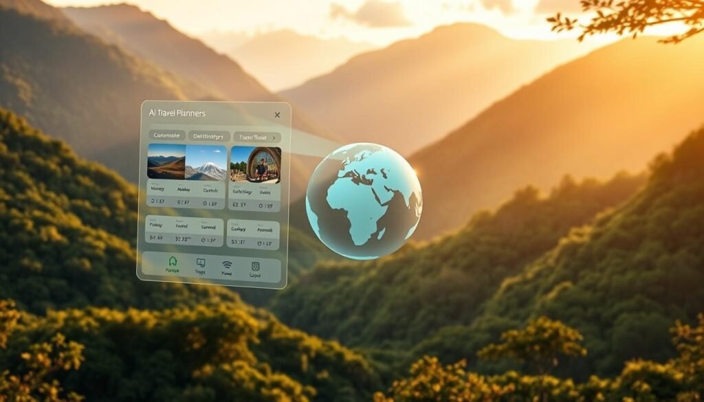A sleek, modern AI travel planner interface floats against a backdrop of lush, verdant landscapes. The foreground features a holographic display showcasing customizable travel itineraries, with intuitive controls and a minimalist design. In the middle ground, a 3D globe rotates gently, highlighting potential destinations. The background depicts a serene mountain vista, bathed in warm, golden lighting that creates a sense of tranquility and adventure. The overall composition conveys the power and convenience of an AI-driven travel planning experience, seamlessly blending technology and nature. A sleek, modern AI travel planner interface floats against a backdrop of lush, verdant landscapes. The foreground features a holographic display showcasing customizable travel itineraries, with intuitive controls and a minimalist design. In the middle ground, a 3D globe rotates gently, highlighting potential destinations. The background depicts a serene mountain vista, bathed in warm, golden lighting that creates a sense of tranquility and adventure. The overall composition conveys the power and convenience of an AI-driven travel planning experience, seamlessly blending technology and nature.