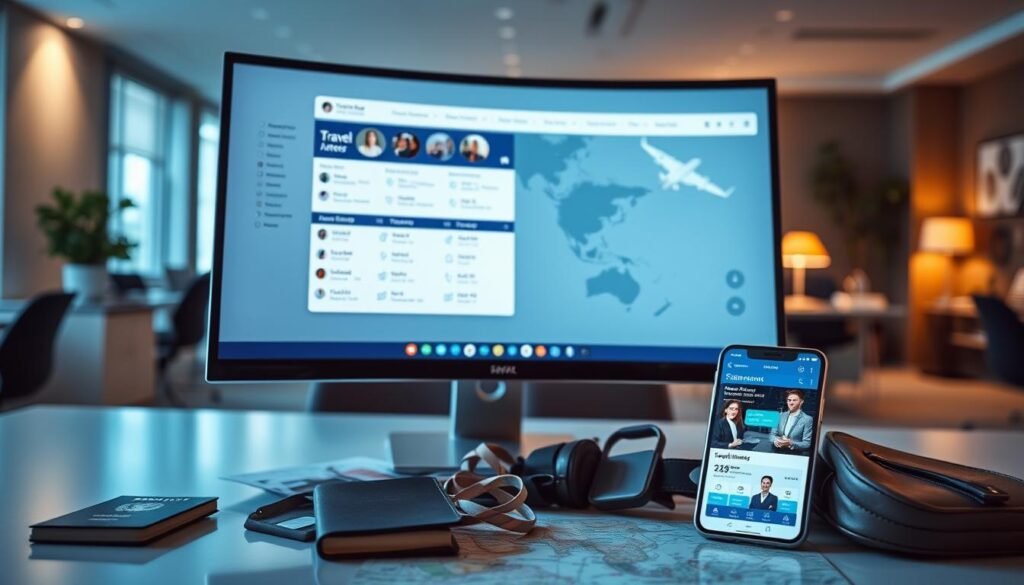 A sleek, modern office setting with a large, curved computer monitor displaying an interactive travel itinerary. The monitor is surrounded by a clutter of travel-related items - a passport, luggage tags, a map, and a smartphone displaying travel booking information. Soft, directional lighting casts dramatic shadows, creating a sense of depth and focus on the central monitor. The background is blurred, with hints of office furniture and decor visible, conveying a professional, high-tech atmosphere. The overall tone is one of efficiency, organization, and the seamless integration of technology into the travel planning process. A sleek, modern office setting with a large, curved computer monitor displaying an interactive travel itinerary. The monitor is surrounded by a clutter of travel-related items - a passport, luggage tags, a map, and a smartphone displaying travel booking information. Soft, directional lighting casts dramatic shadows, creating a sense of depth and focus on the central monitor. The background is blurred, with hints of office furniture and decor visible, conveying a professional, high-tech atmosphere. The overall tone is one of efficiency, organization, and the seamless integration of technology into the travel planning process.
