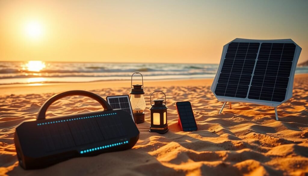 A sun-drenched beach scene, featuring an array of solar-powered gadgets arranged on the golden sand. In the foreground, a sleek, futuristic-looking solar-powered speaker system radiates warm tones, its panels catching the sun's rays. Nearby, a compact solar-powered lantern casts a soft, ambient glow, while a solar-powered phone charger stands ready to power up devices. In the middle ground, a foldable solar-powered beach umbrella provides shade, its panel tilted to maximize solar exposure. Beyond, the tranquil ocean laps at the shore, the horizon bathed in a golden hue as the sun dips low in the sky, creating a serene and sustainable beachscape. A sun-drenched beach scene, featuring an array of solar-powered gadgets arranged on the golden sand. In the foreground, a sleek, futuristic-looking solar-powered speaker system radiates warm tones, its panels catching the sun's rays. Nearby, a compact solar-powered lantern casts a soft, ambient glow, while a solar-powered phone charger stands ready to power up devices. In the middle ground, a foldable solar-powered beach umbrella provides shade, its panel tilted to maximize solar exposure. Beyond, the tranquil ocean laps at the shore, the horizon bathed in a golden hue as the sun dips low in the sky, creating a serene and sustainable beachscape.